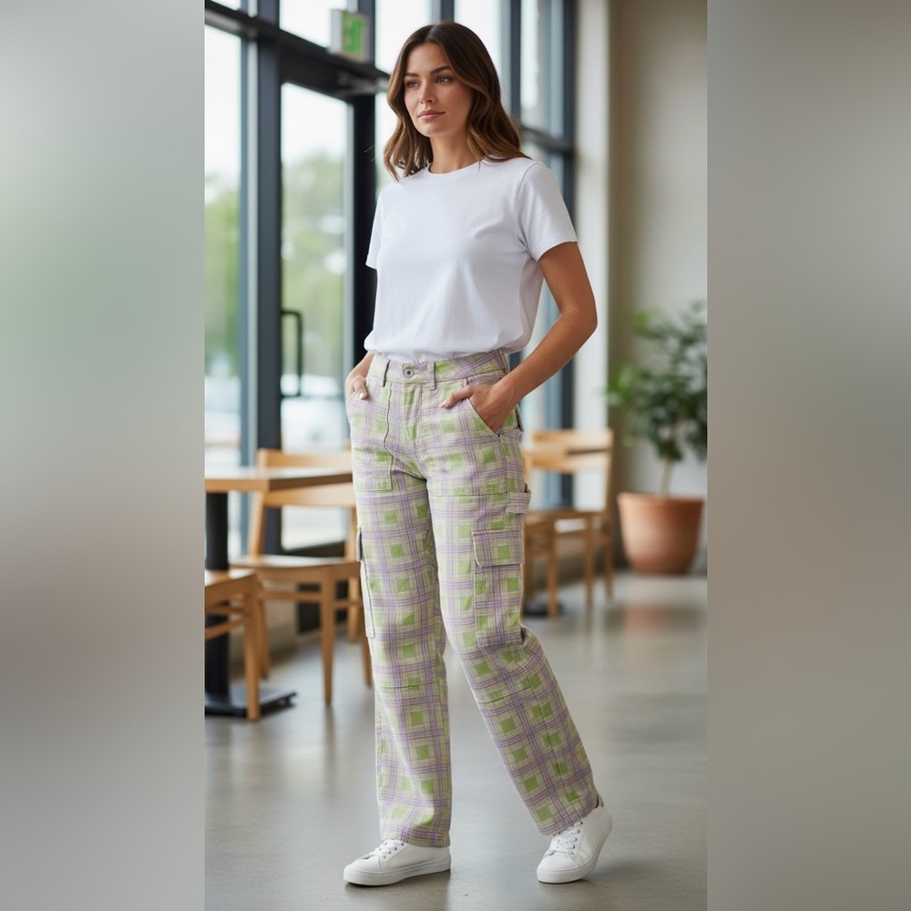 The Ragged Priest Checkered Cargo Pants in Purple and Green